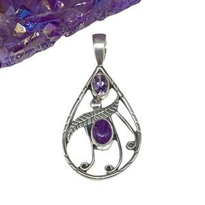 Purple Copper Turquoise & Amethyst Necklace Pendant Solid 925 Sterling Silver